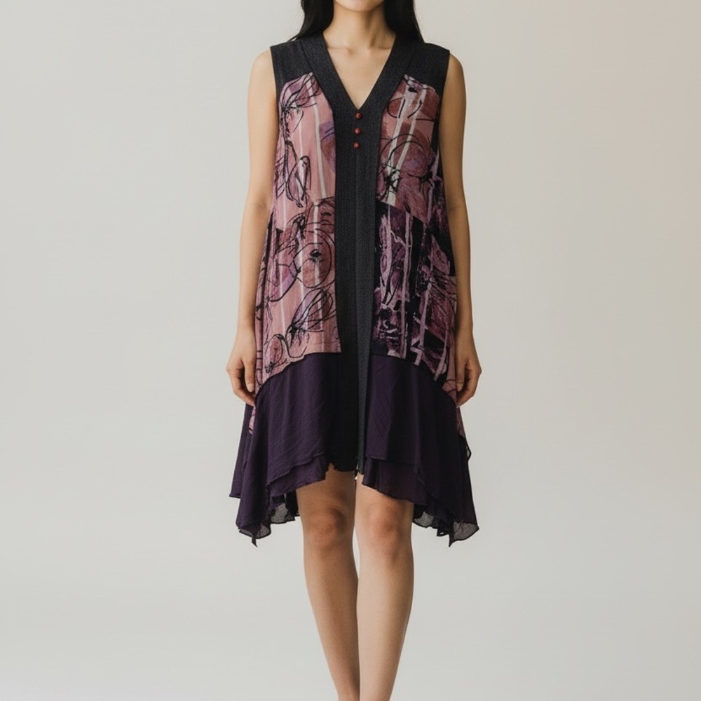 Mado Et Les Autres Dress Women's 40 Lagenlook Mixed Media Asymmetrical Hem